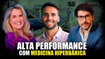 Três participantes do podcast, com a chamada Alta performance com medicina hiperbárica